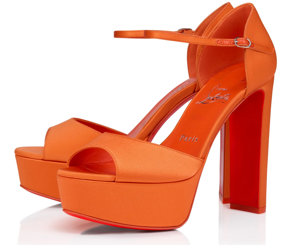 Christian Louboutin Sandaloo 130 Orange Satin Platform Block Heel Sandal 38.5